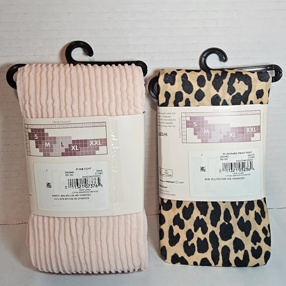 2 Pair Secret Treasures Leopard Tights & Pink RIB Stripe Tights Size L